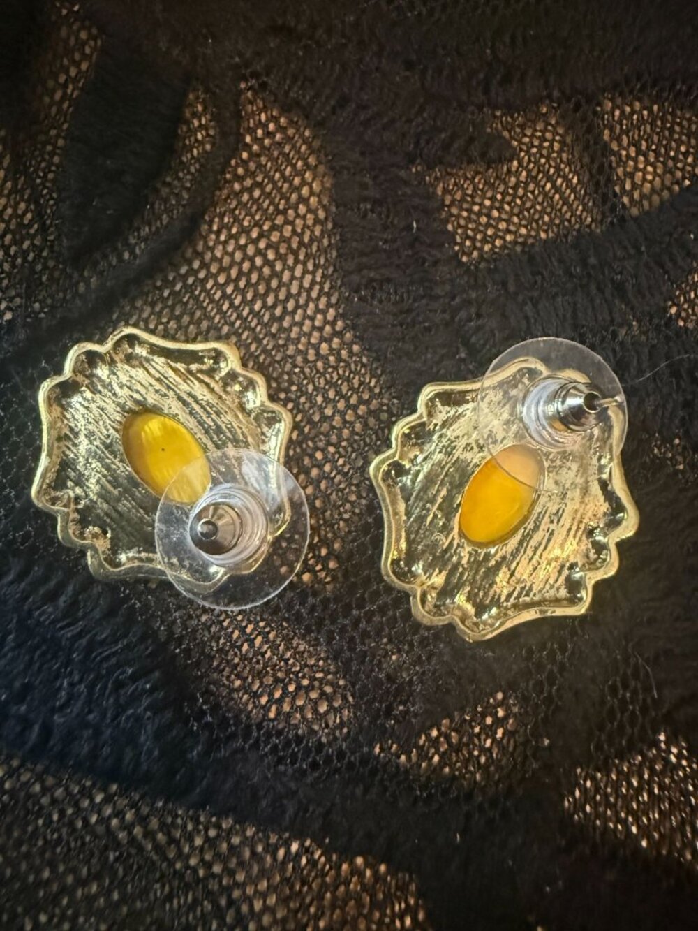 Vintage-Style Gold-Tone Earrings With Amber-Colored Cabochons & Decorative Borde